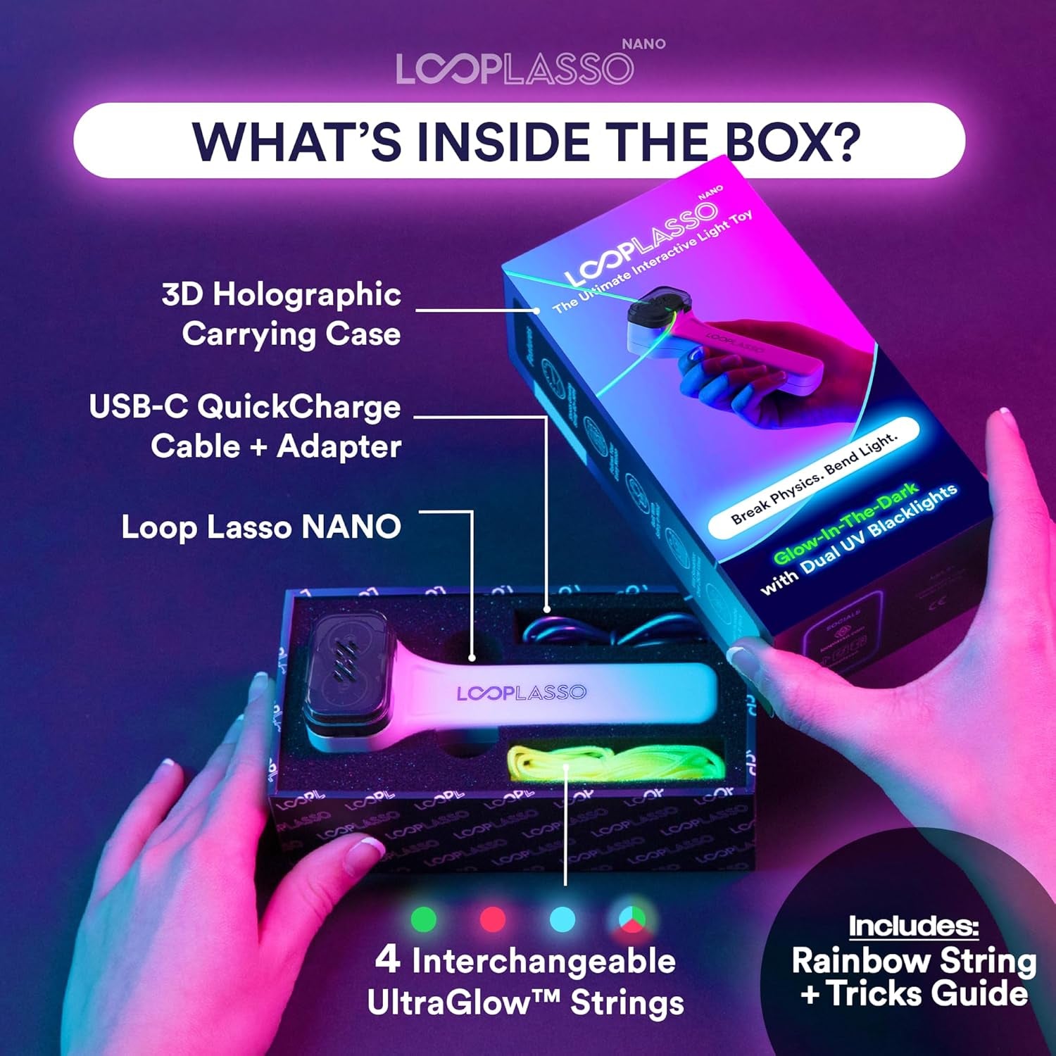 NANO Glow in the Dark Rave Toys with Built-In UV Blacklight - Interactive Rope Launcher STEM Toy - Viral Flow and String Shooter Toy for Kids and Adults