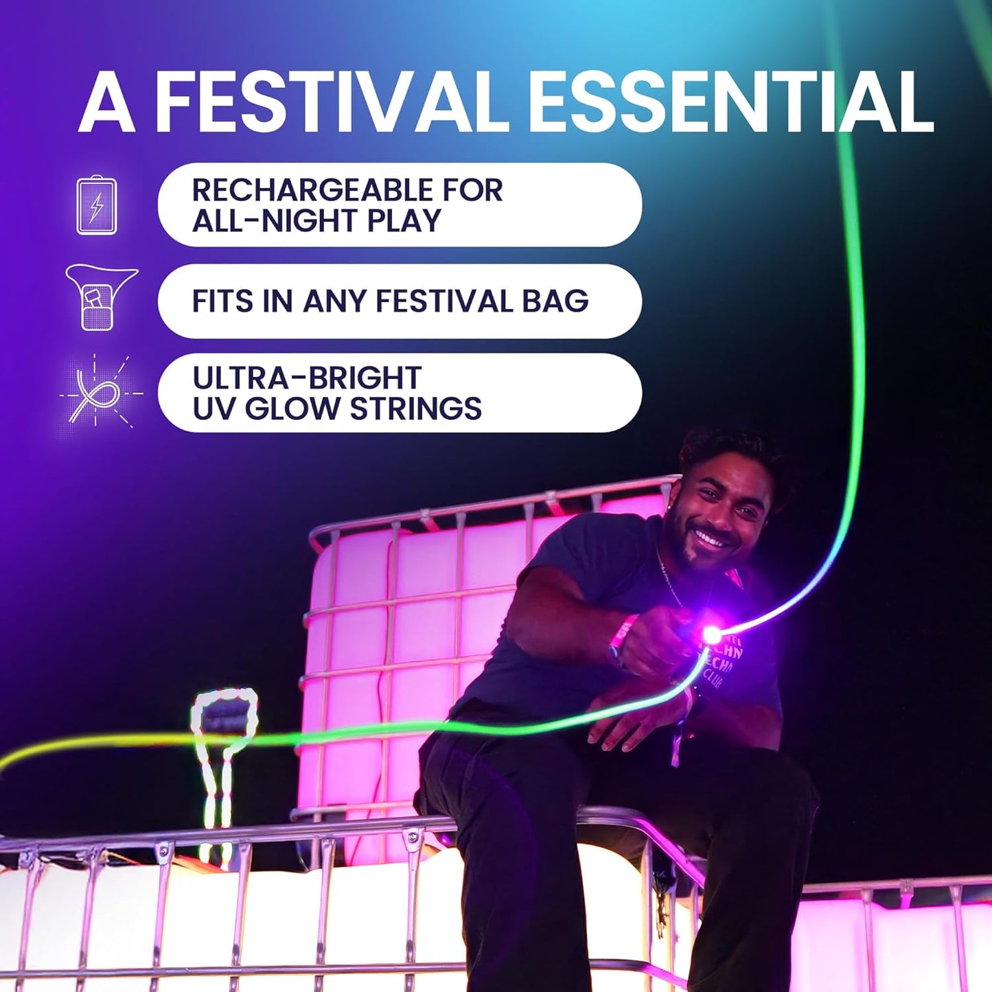 NANO Glow in the Dark Rave Toys with Built-In UV Blacklight - Interactive Rope Launcher STEM Toy - Viral Flow and String Shooter Toy for Kids and Adults