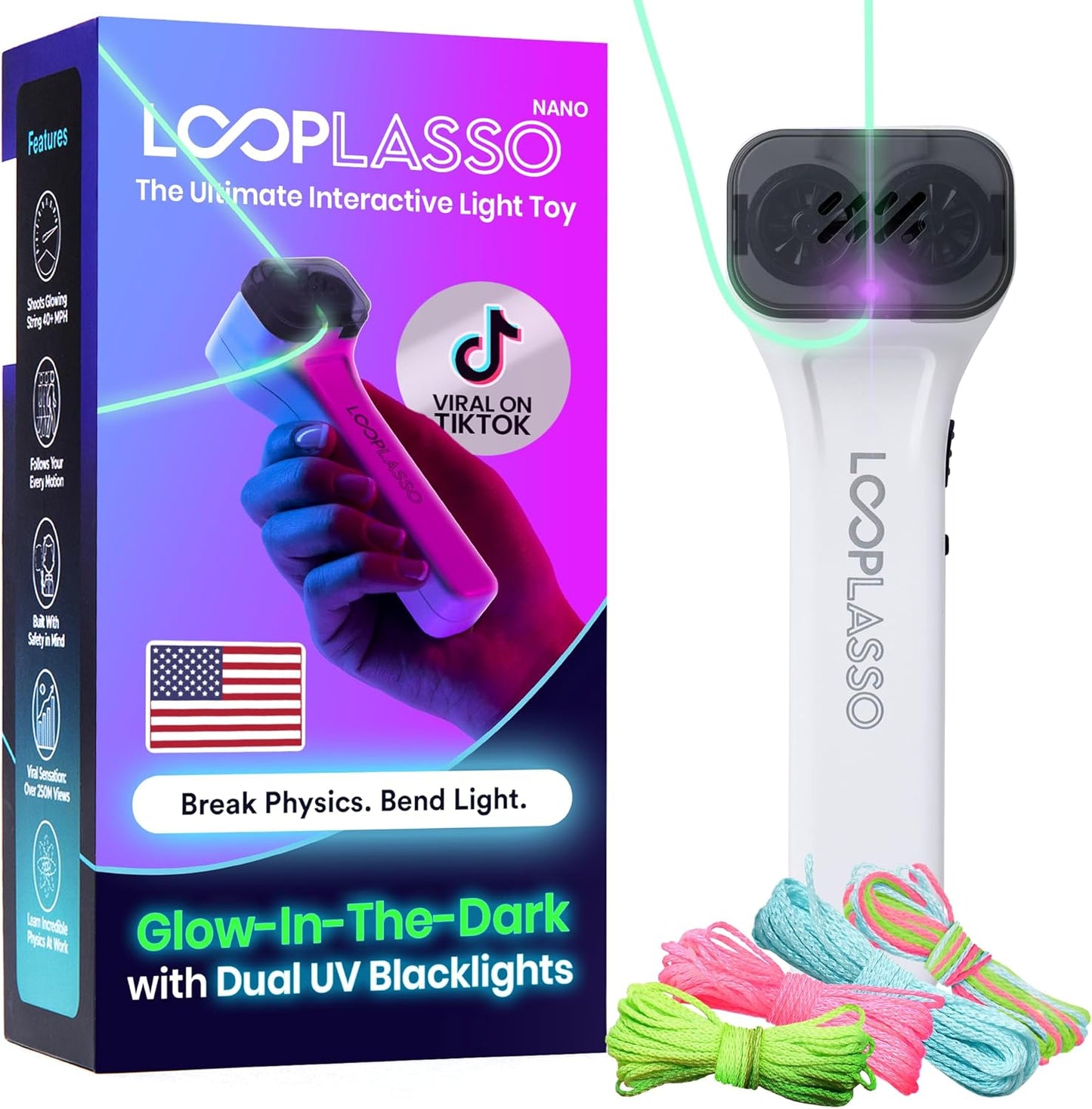 NANO Glow in the Dark Rave Toys with Built-In UV Blacklight - Interactive Rope Launcher STEM Toy - Viral Flow and String Shooter Toy for Kids and Adults